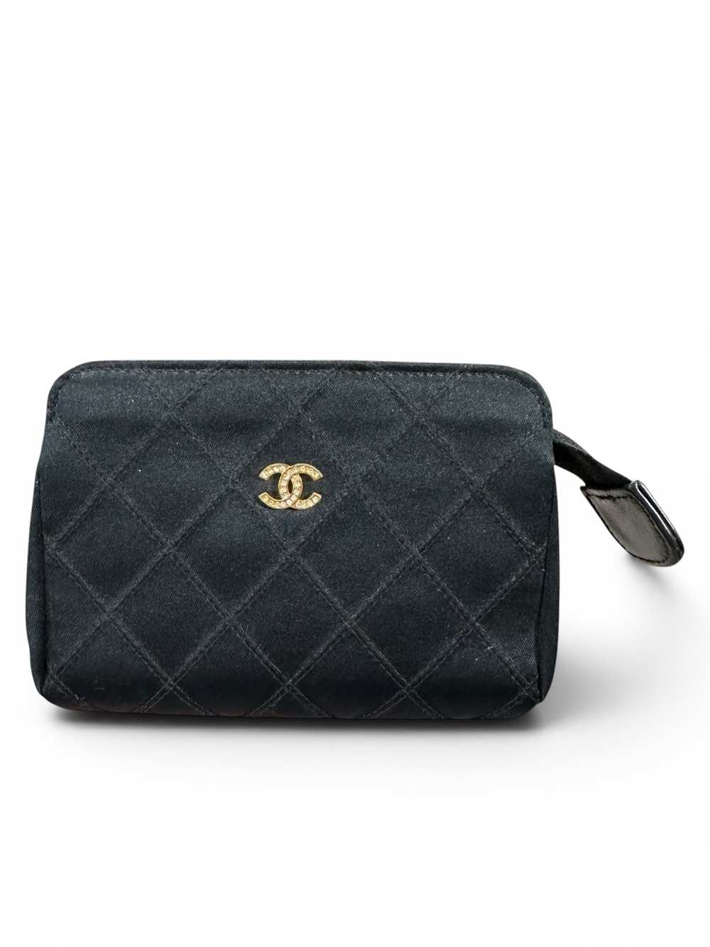 Chanel Black Quilted Satin & Leather Zippered Crystal Gold CC Card Holder Pouch